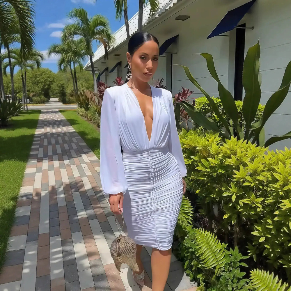 ZARA Long Sleeve Deep V Ruched Waist Slim Long Dress